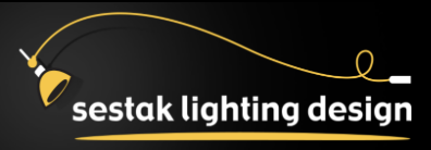 Logo with a yellow hanging light, cable design, and text: "sestak lighting design" on a black background.