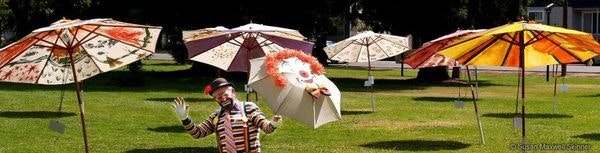 A person dressed as a clown juggling umbrellas on a sunny day in a grassy area with more decorative umbrellas in the background.