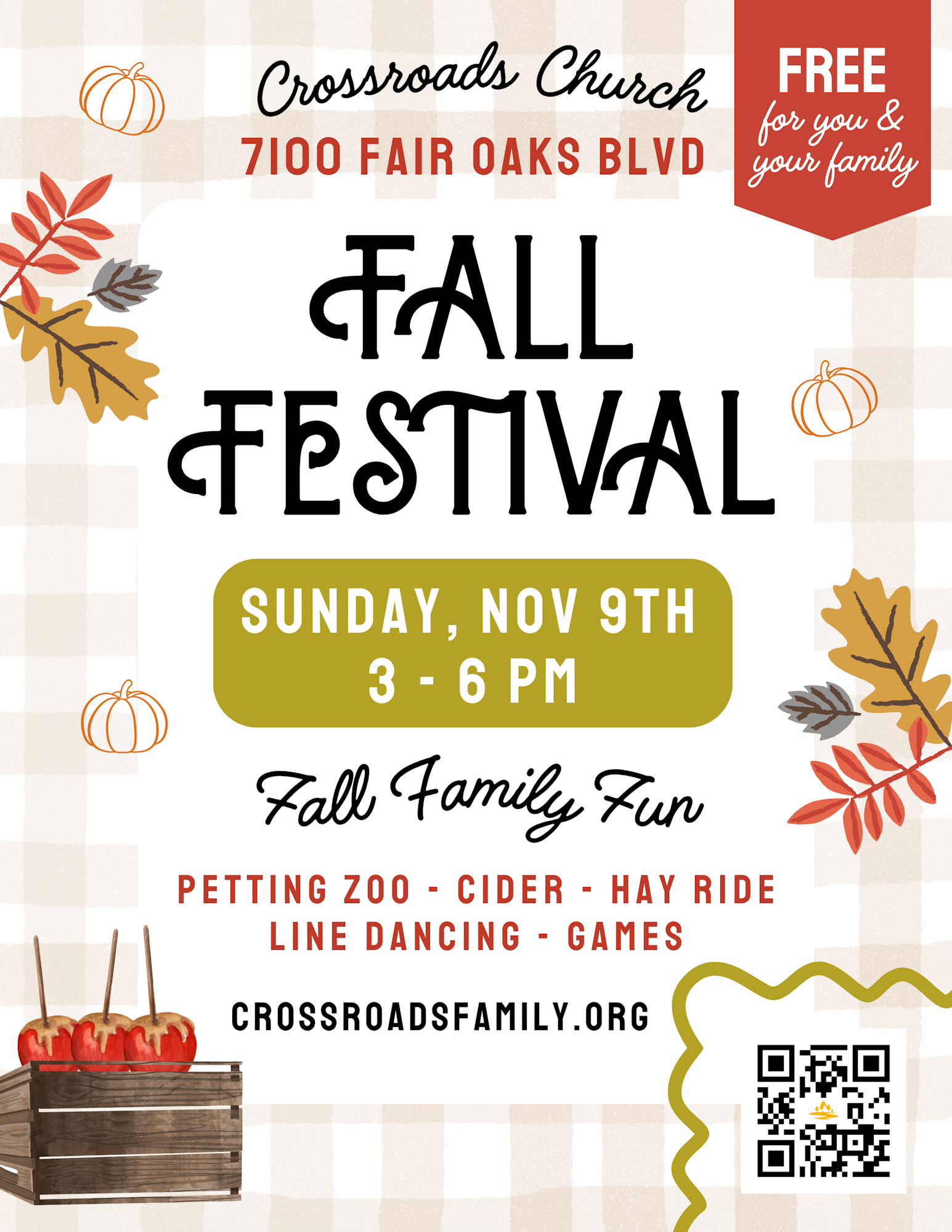 Fall Festival at Crossroads Church, Nov 9, 3-6 PM. Free family fun: petting zoo, cider, hay ride, games. Crossroadsfamily.org.