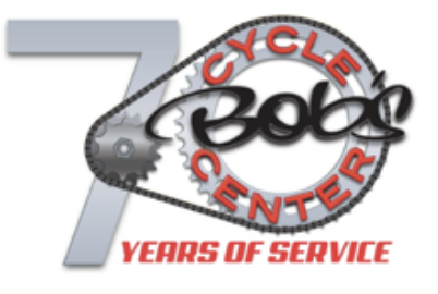 Logo for "Bob's Cycle Center" celebrating "70 years of service" with a gear and chain design.