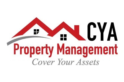 Red and black logo with stylized houses, "CYA Property Management," and tagline "Cover Your Assets."