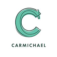 A stylized green letter "C" with an arrow, above the word "CARMICHAEL."
