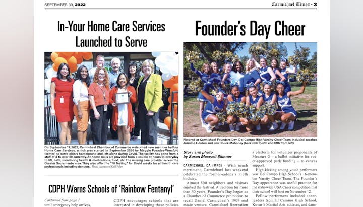 In-Your Home Care Services launch announcement and Carmichael Founder's Day cheerleaders featured in a newspaper.