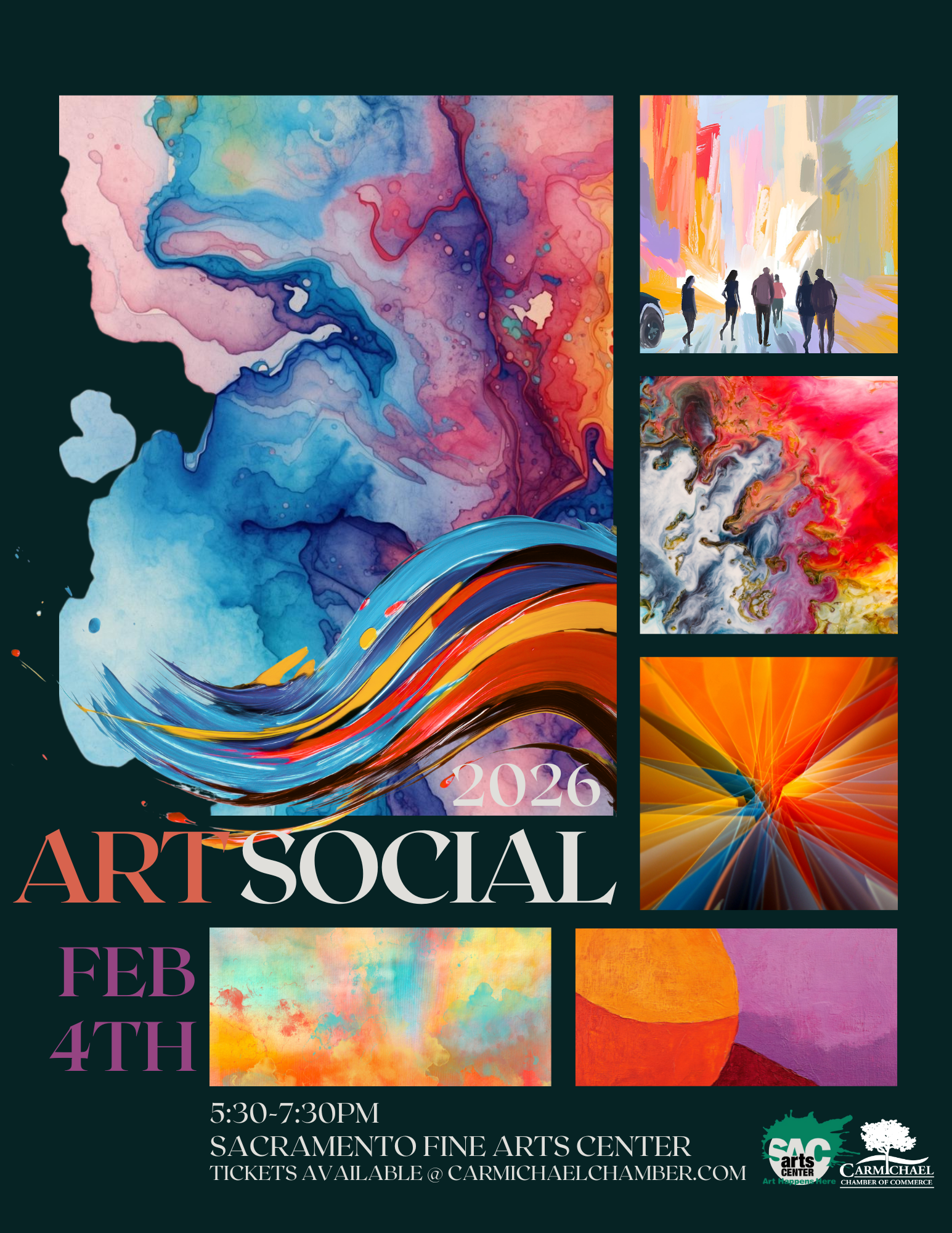 Event poster for "Art Social" on Feb 4, 2026, at Sacramento Fine Arts Center, featuring colorful artworks. Tickets available online.