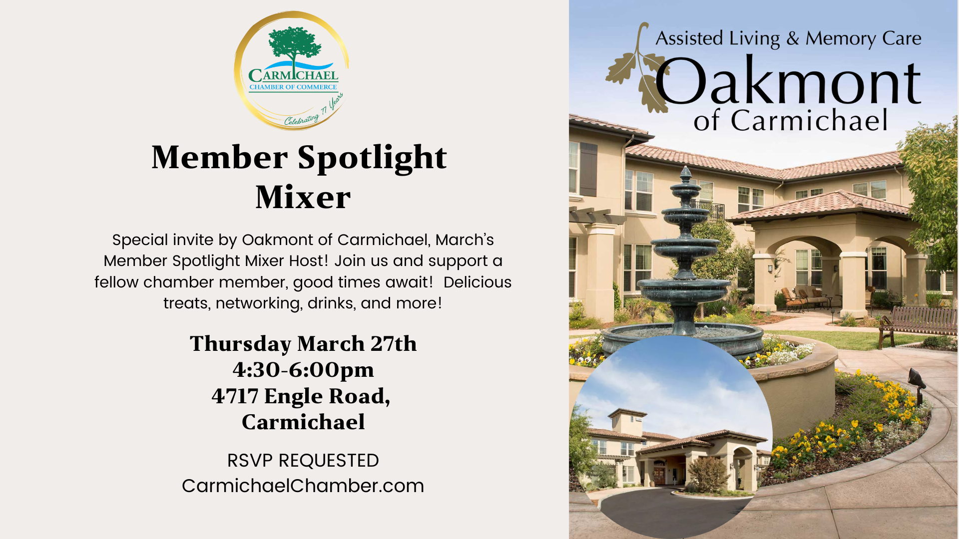 Invitation to the Member Spotlight Mixer at Oakmont of Carmichael, March 27th, 4:30-6:00pm. RSVP requested at CarmichaelChamber.com.