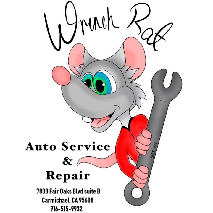 Cartoon rat holding a wrench with "Wrench Rat" text. Auto service and repair info: address and phone in Carmichael, CA.