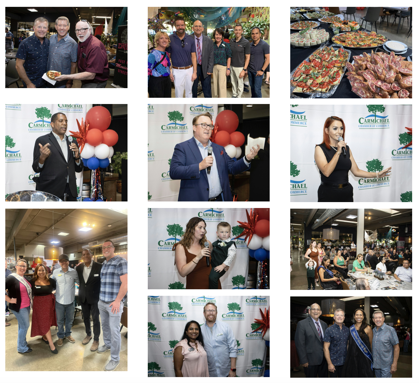 Various people at an event with food, speeches, and group photos, featuring signs for the Carmichael Chamber of Commerce.