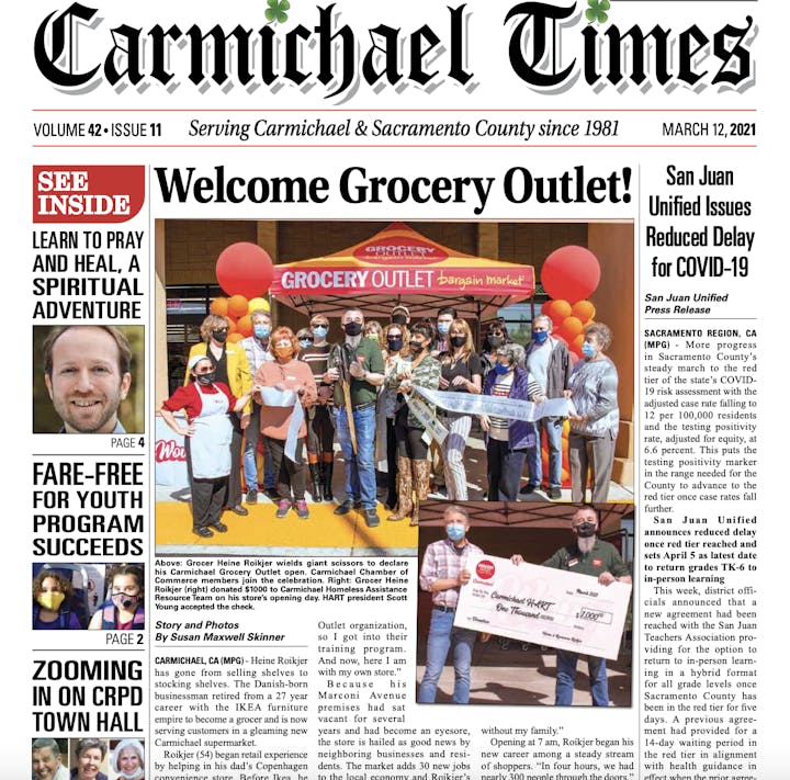 Front page of Carmichael Times featuring "Welcome Grocery Outlet!", articles on local events, and COVID-19 updates.