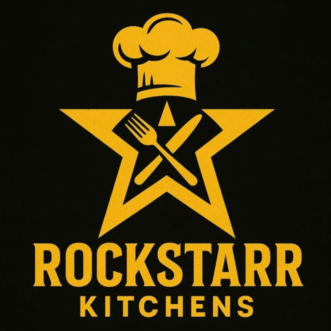 The image features a logo with a chef's hat above a star, crossed fork and knife, and the text "ROCKSTARR KITCHENS" in bold yellow.