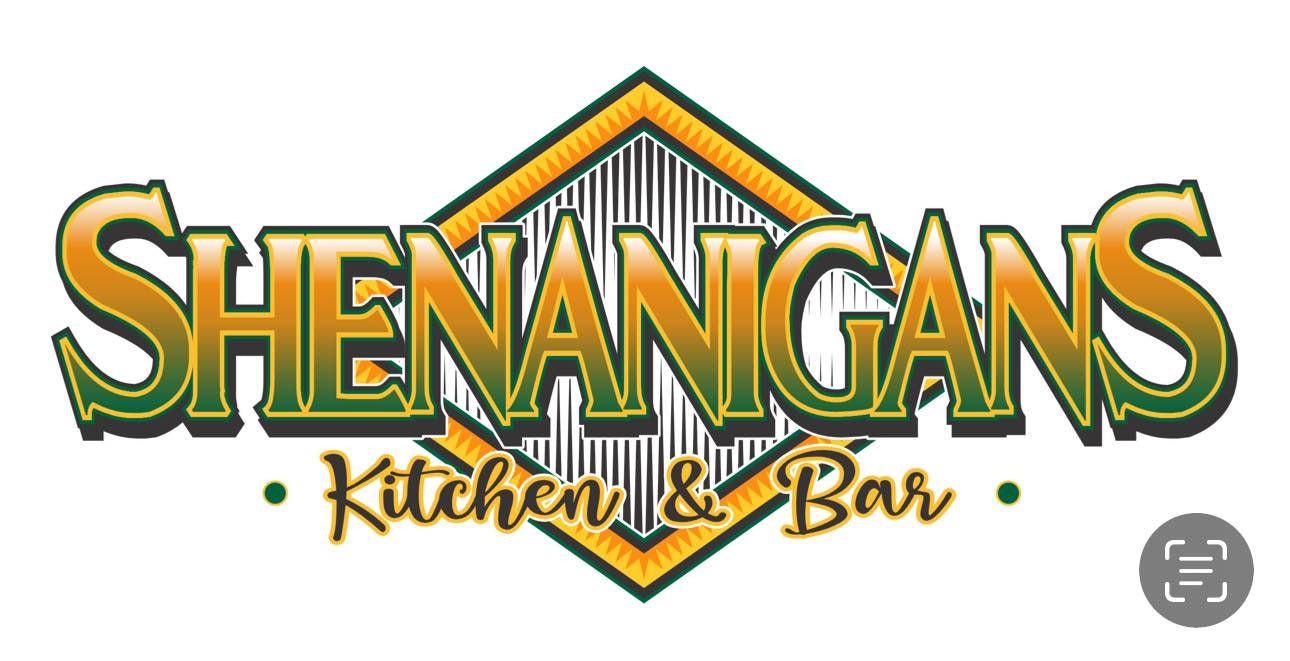 "Shenanigans Kitchen & Bar" logo with green and gold colors, diamond background.