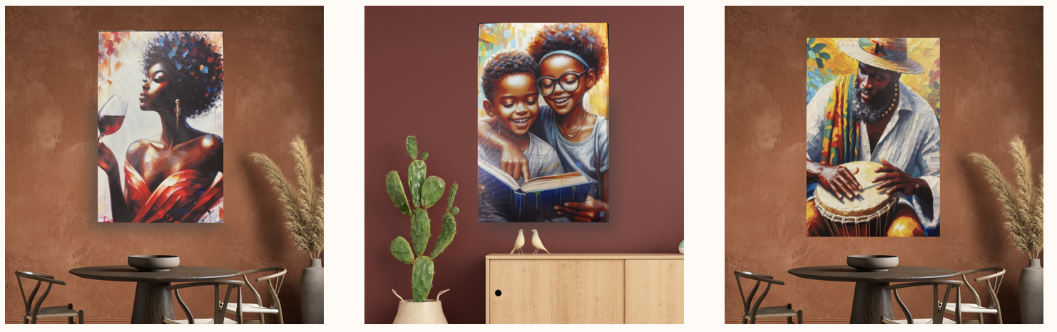 Three colorful art paintings: a woman with wine, two children reading, and a man playing a drum.