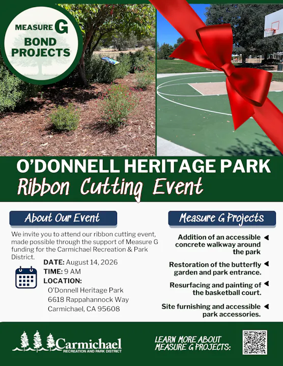 Invitation to the O'Donnell Heritage Park ribbon cutting on August 14, 2026, showcasing Measure G projects for park improvements.