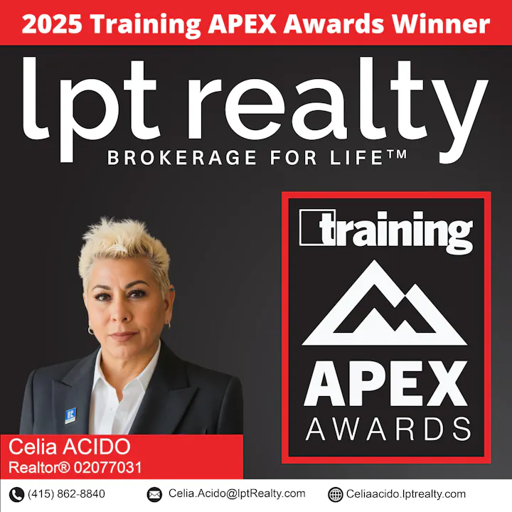 Realtor® Celia Acido of LPT Realty, 2025 Training APEX Awards winner, contact info included.