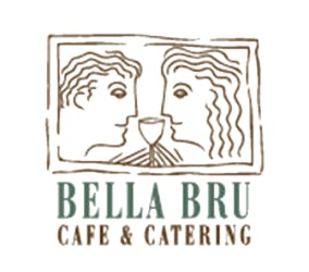 Logo with two face silhouettes around a cup, text reads "Bella Bru Cafe & Catering".