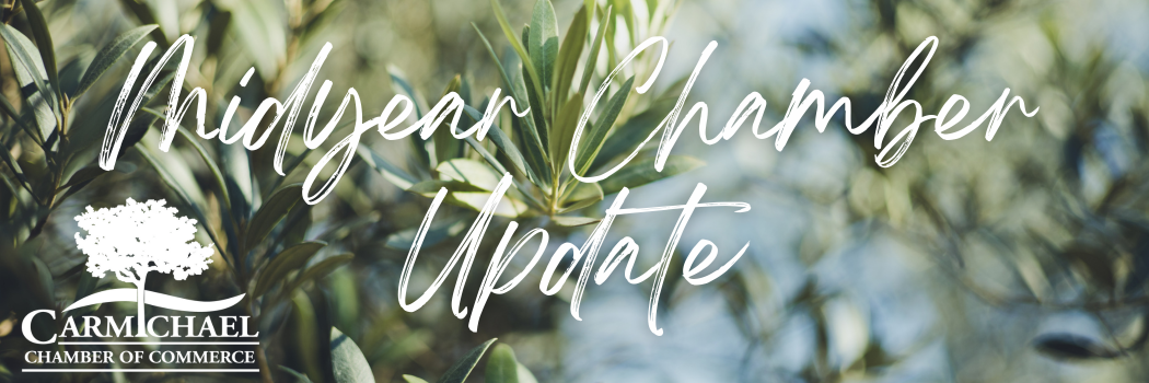 Text "Midyear Chamber Update" with leaves in the background and "Carmichael Chamber of Commerce" logo.