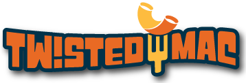 The image features a colorful logo for "Twisted Mac," likely related to mac and cheese.