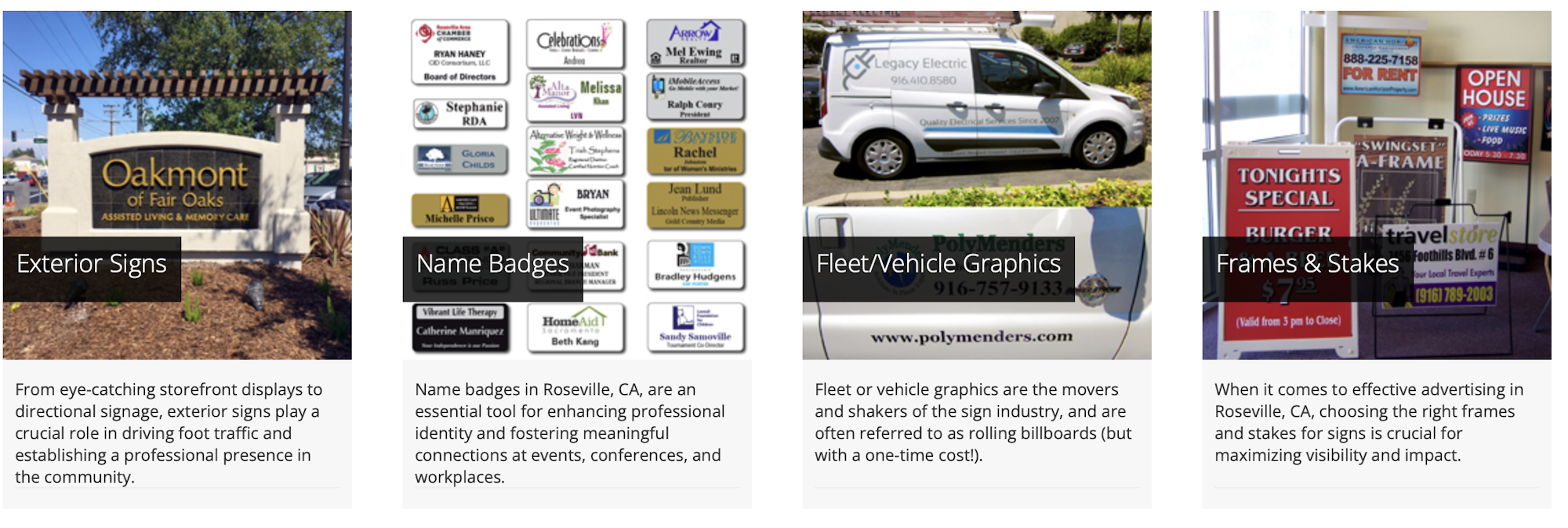 Signs and graphics options: Exterior Signs, Name Badges, Fleet/Vehicle Graphics, Frames & Stakes for branding and advertising.