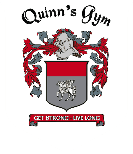 A coat of arms with "Quinn's Gym", a winged horse emblem, helmet, red and gray leaves, and the motto "Get Strong · Live Long".