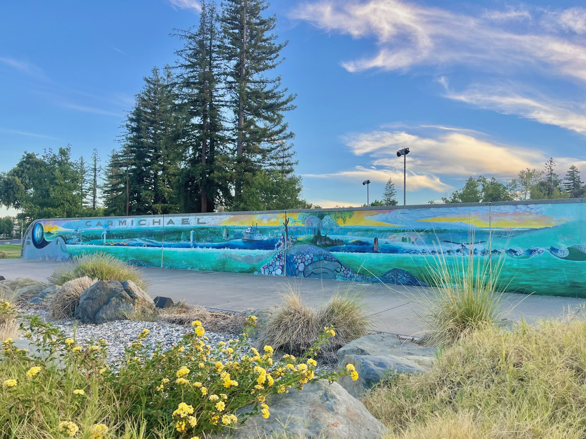 A colorful mural in a park setting with trees, a sidewalk, and yellow flowers in the foreground, featuring the text "CARmichael."