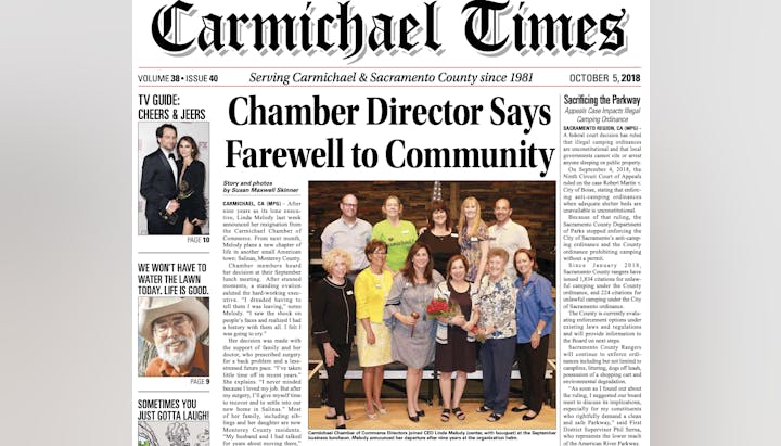 A newspaper front page with headlines: "Chamber Director Says Farewell to Community" and "Sacrificing the Parkway." Includes a group photo.