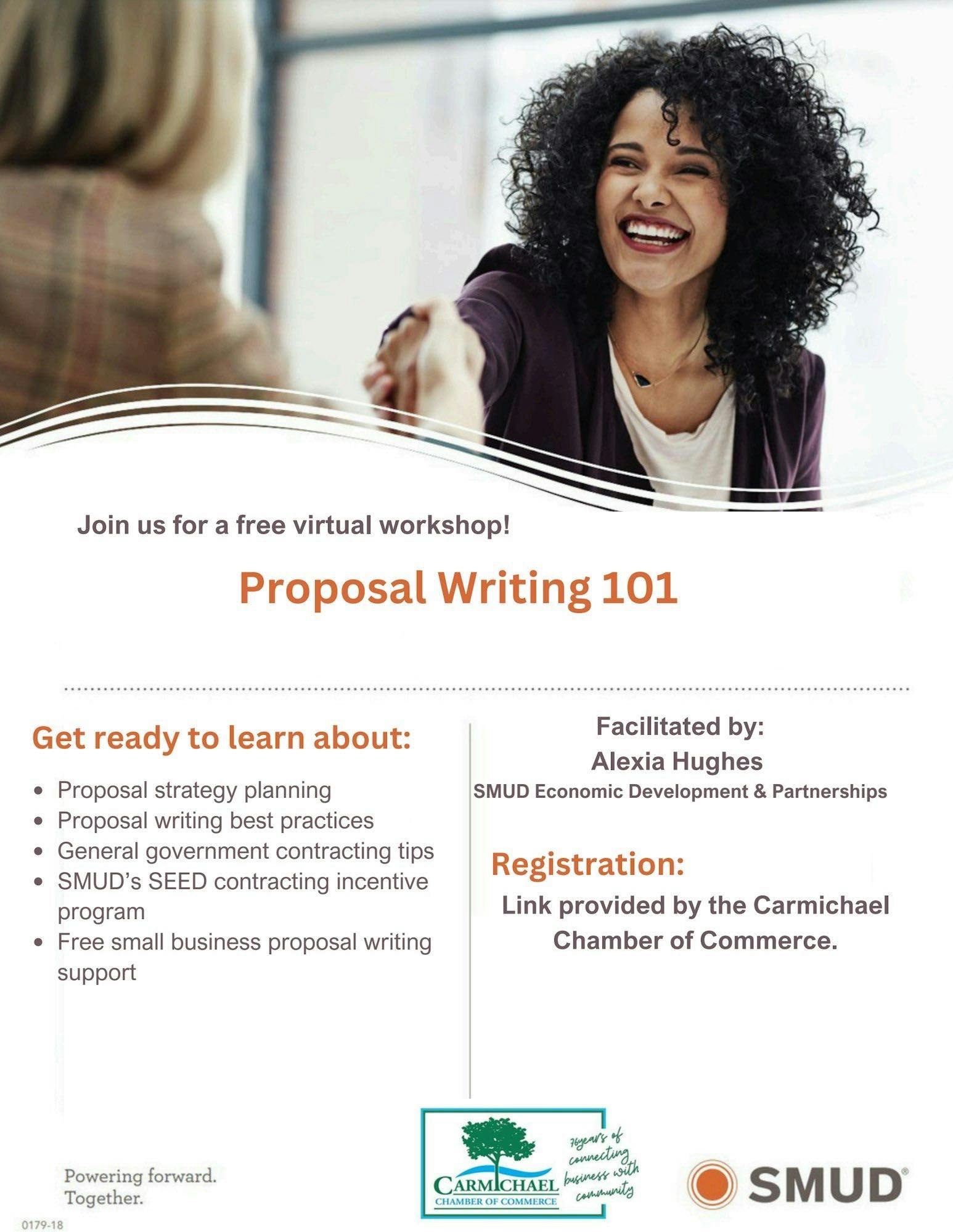 Virtual workshop flyer: "Proposal Writing 101" covering strategy, best practices, and more. Registration via Carmichael Chamber of Commerce.