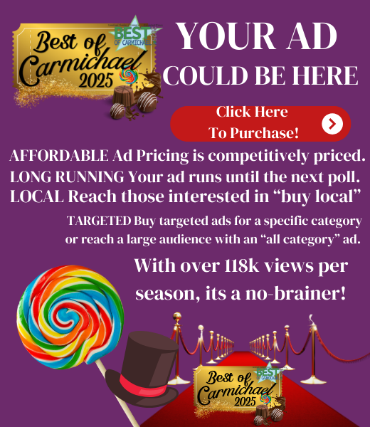 Ad promotion for "Best of Carmichael 2025" with options for local targeted ads, flashy graphics, and a call to action.