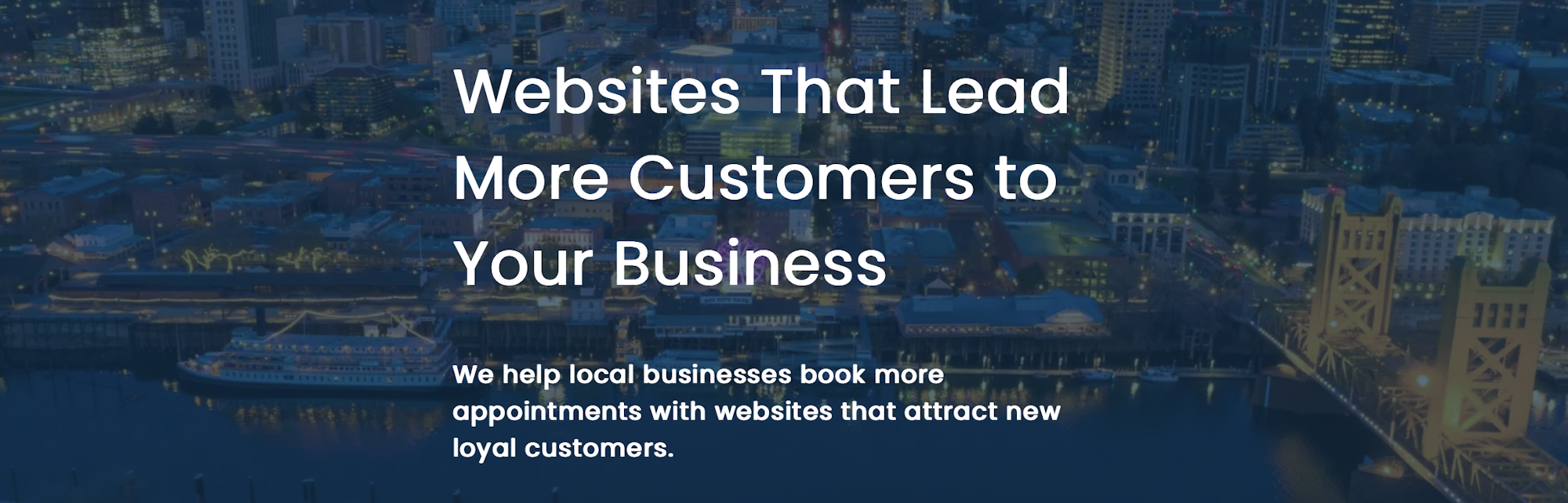 Text promoting websites that attract and book more appointments for local businesses against a cityscape background.