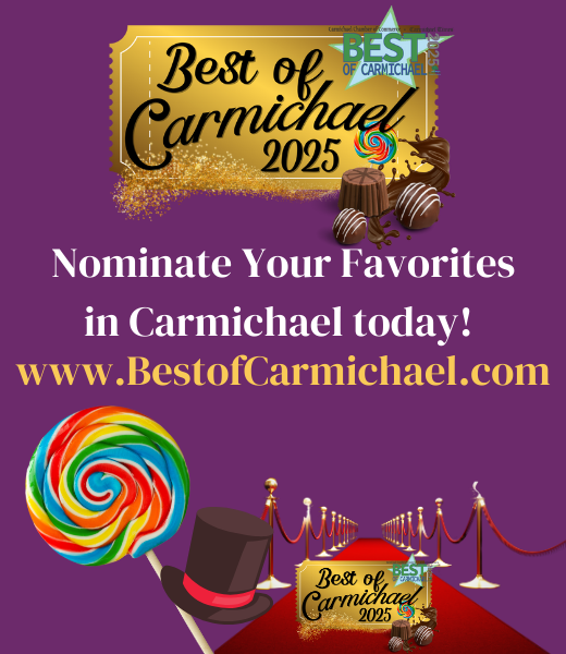 "Best of Carmichael 2025" nomination announcement with candy, top hat, red carpet, and website link.