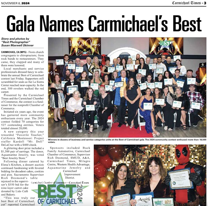 Group photo of winners holding certificates at the Best of Carmichael gala; event celebrated local business excellence.