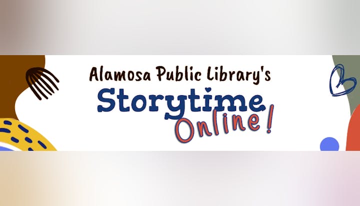 Alamosa Public Library's Storytime Online banner with colorful decor.