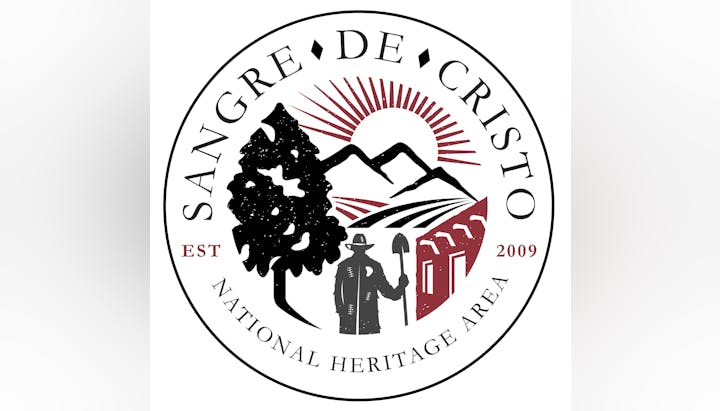 The image features a circular logo for Sangre de Cristo National Heritage Area, established in 2009, depicting mountains, a tree, and a figure.