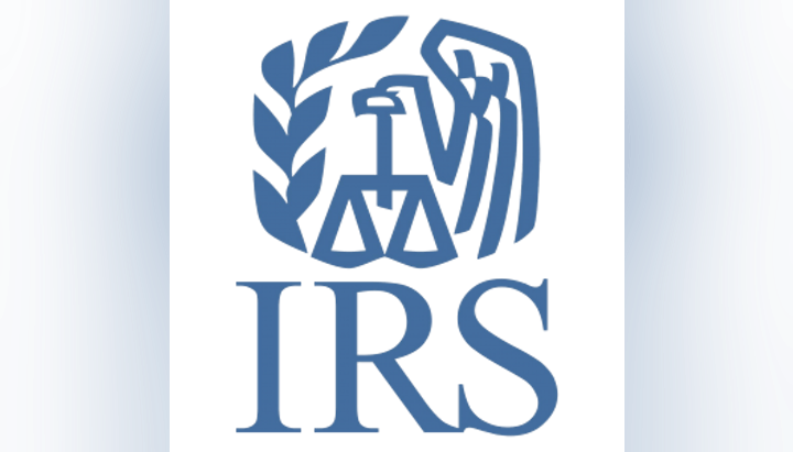 IRS logo with an eagle, scales, and a laurel branch, in blue.