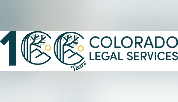 "100 Years Colorado Legal Services" with a tree design in the zeros.