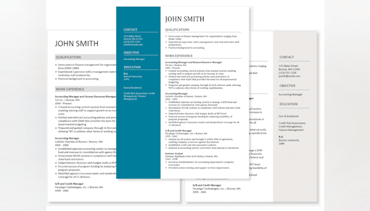 Resume for "John Smith" with contact info, qualifications, work experience, and education sections.