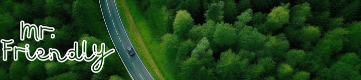 Aerial view of a car on a curved road surrounded by lush green forest. Text reads "Mr. Friendly."