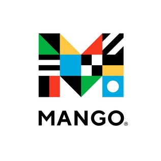 Abstract "M" design with colorful geometric patterns above the word "MANGO."