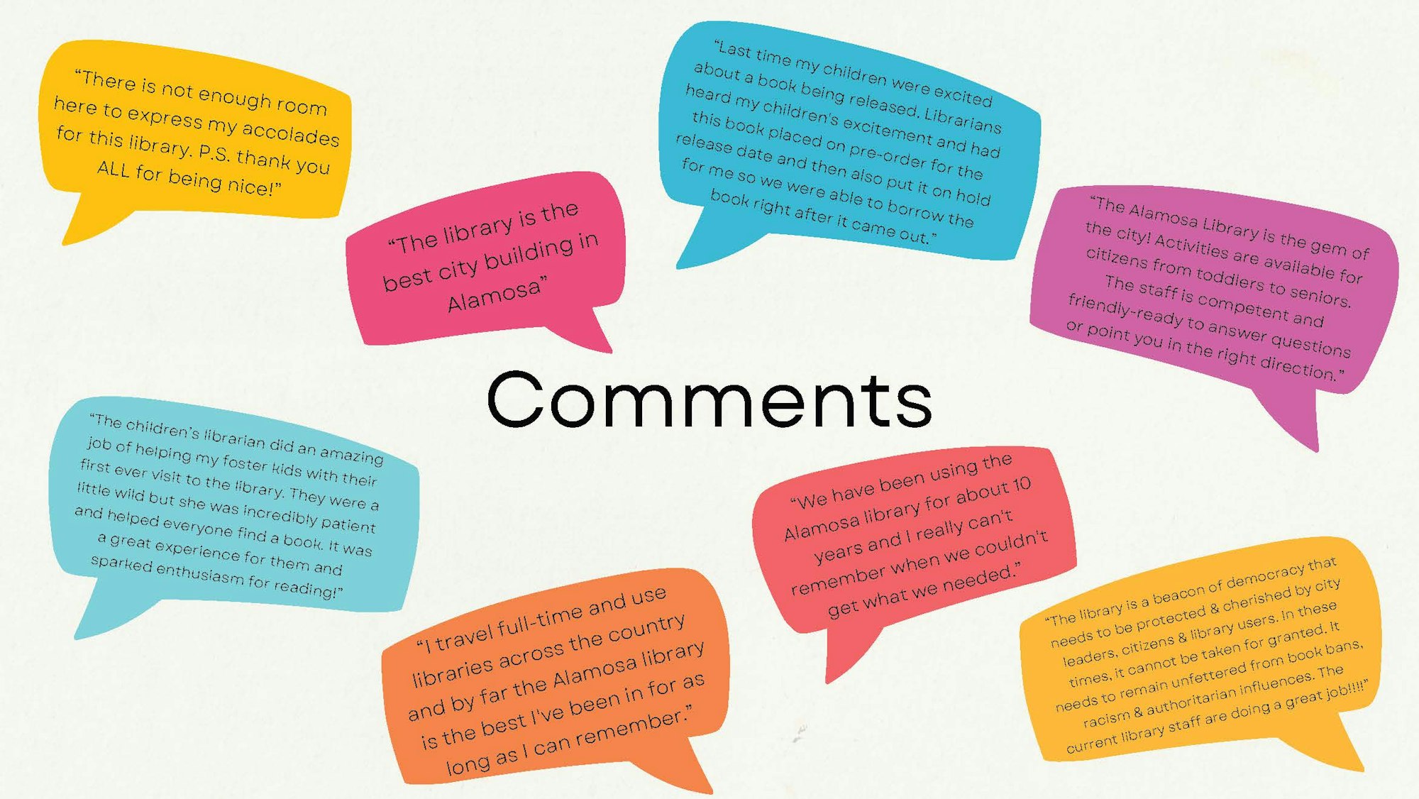 The image showcases positive comments about the Alamosa Library highlighting its helpful staff, community activities, and importance in literacy.