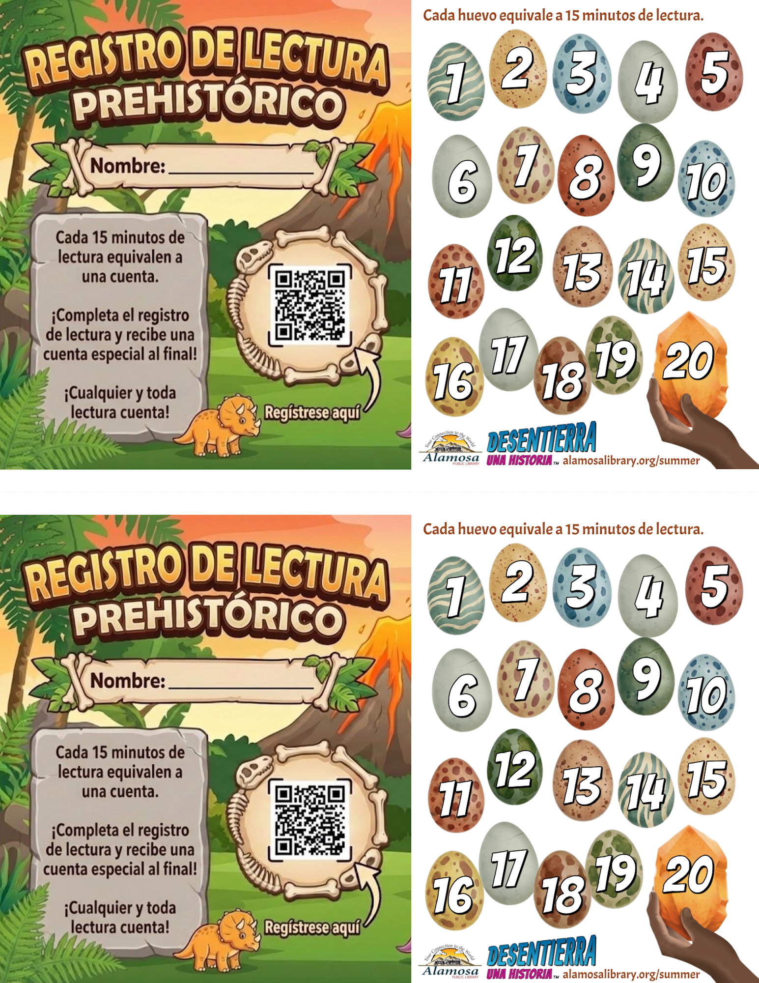 A reading log for kids featuring dinosaur-themed eggs, where each egg represents 15 minutes of reading. Includes a QR code. Un registro de lectura para niños con huevos temáticos de dinosaurios, donde cada huevo representa 15 minutos de lectura. Incluye un código QR.
