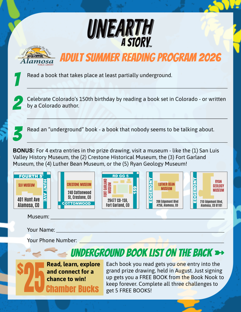 The image promotes Alamosa Public Library's 2026 Adult Summer Reading Program, featuring reading challenges and museum visits for prizes.