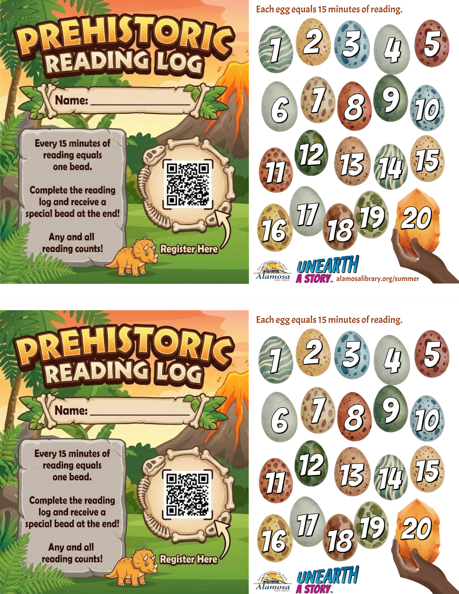 A reading log for kids featuring dinosaur-themed eggs, where each egg represents 15 minutes of reading. Includes a QR code.