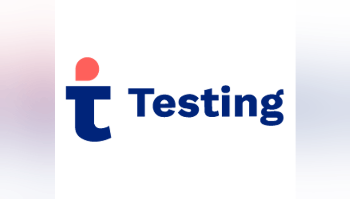 A logo with a stylized blue "T", a red dot above it, and the word "Testing" in blue text.