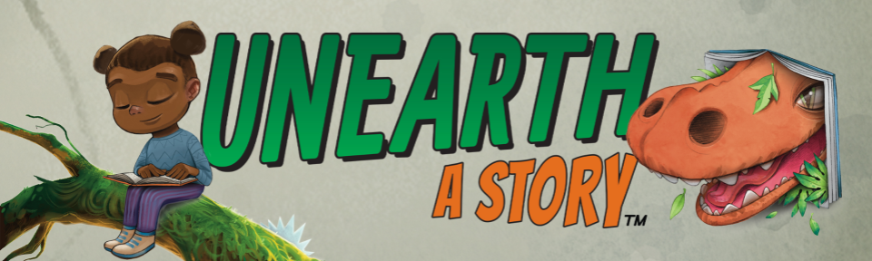 The image features the title "Unearth A Story," with a child reading on a tree branch and a friendly dinosaur character.