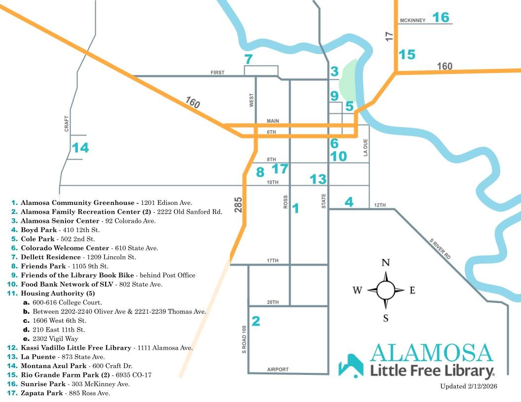 Map of Alamosa, CO, highlighting community locations like parks, recreation centers, and the Little Free Library. Updated 2026.