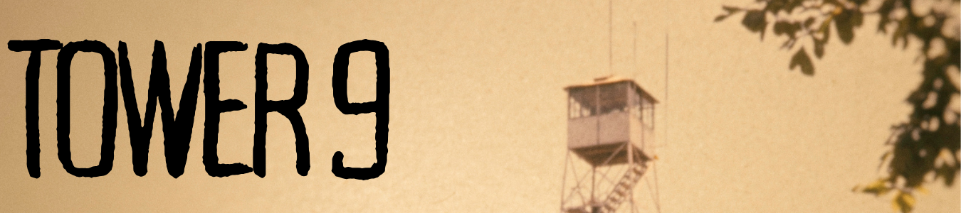 Text "TOWER 9" with an old tower in the background and tree leaves on the right.
