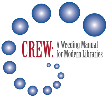 "CREW: A Weeding Manual for Modern Libraries" with a spiral of blue spheres.