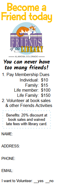 It's a flyer for becoming a member of the Friends of the Library in Alamosa, Colorado, listing membership dues and benefits.