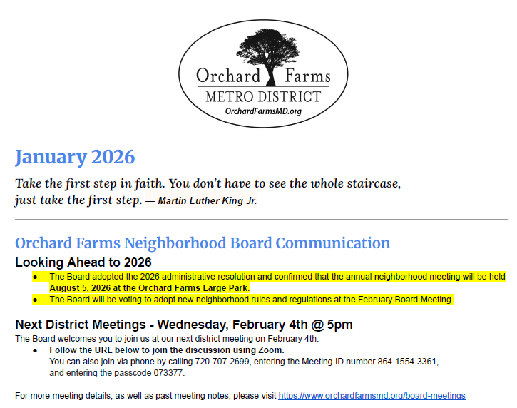 January 2026 update from Orchard Farms Metro District, highlighting a meeting on August 5 and voting on new rules on February 4.