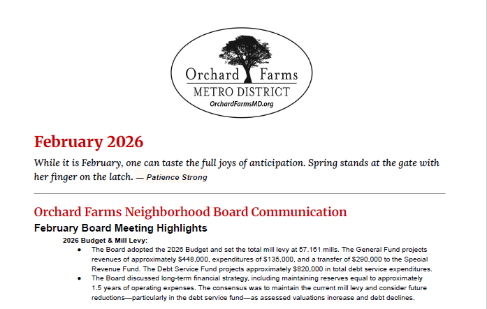 The image shows a board meeting summary for Orchard Farms Metro District, discussing the 2026 budget and financial strategies.