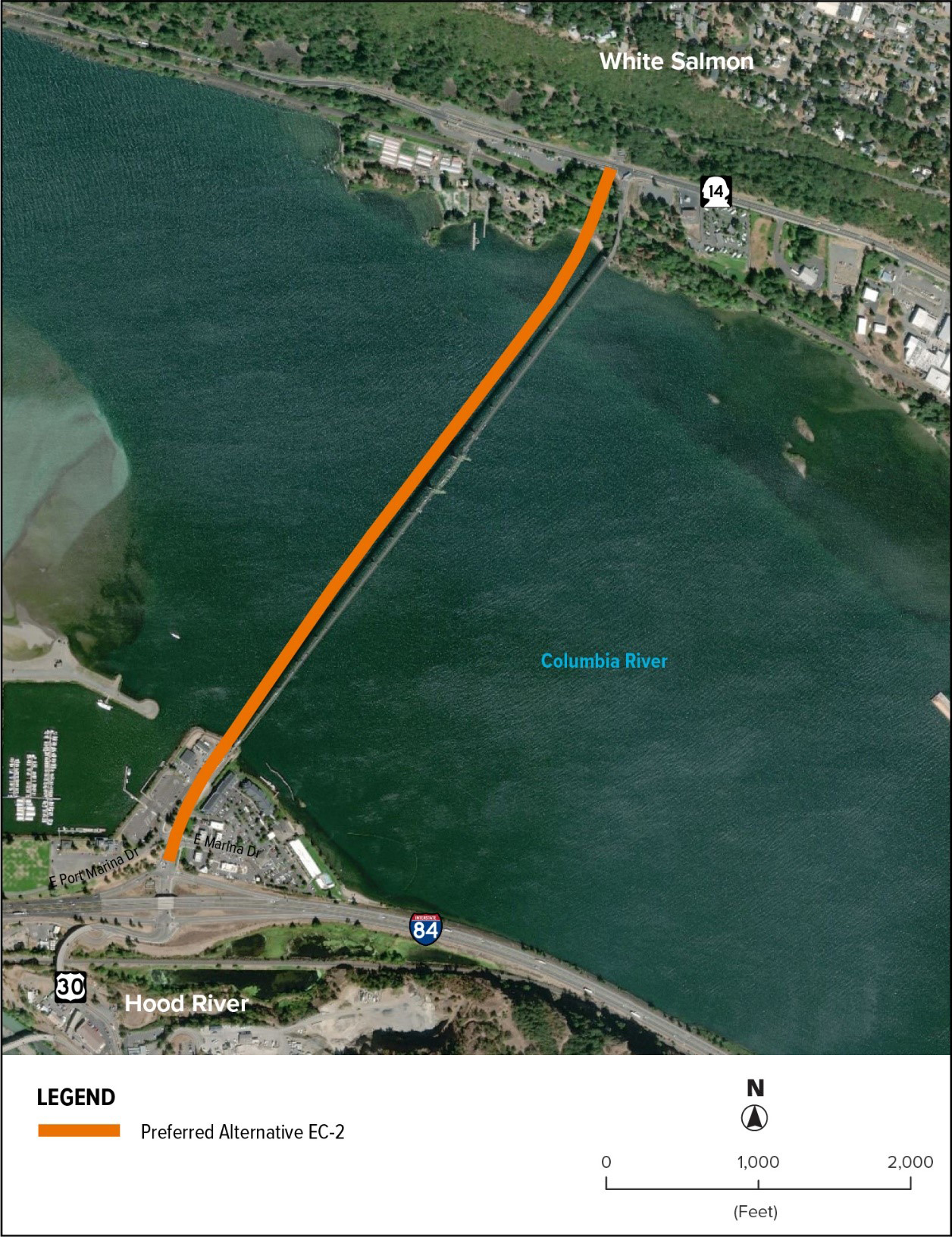 An aerial map showing a proposed route (orange line) connecting the towns of White Salmon and Hood River across the Columbia River.