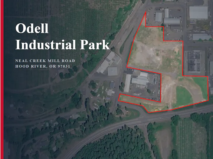 An aerial view of Odell Industrial Park, located on Neal Creek Mill Road in Hood River, OR, showing land layout and surroundings.